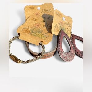 Justin Brown Leather Cuff Leather Embossed Earrings, Gold Chain Leather accents